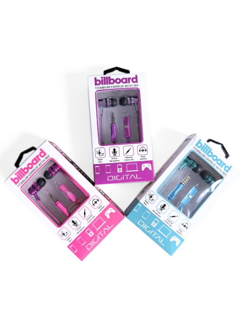 CHOOSE ONE - BILLBOARD Titanium Wired Earbuds in Pink Purple Blue - NEW